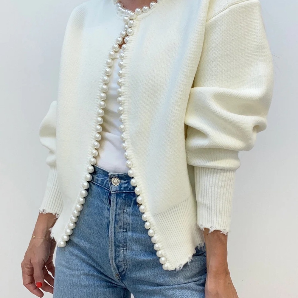 NWT Commense Pearl-Embellished Cream Cardigan